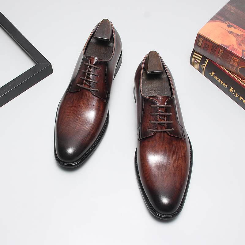 昆纳新款经典复古男士方头正装皮鞋气质潮流手工擦色木纹色新款