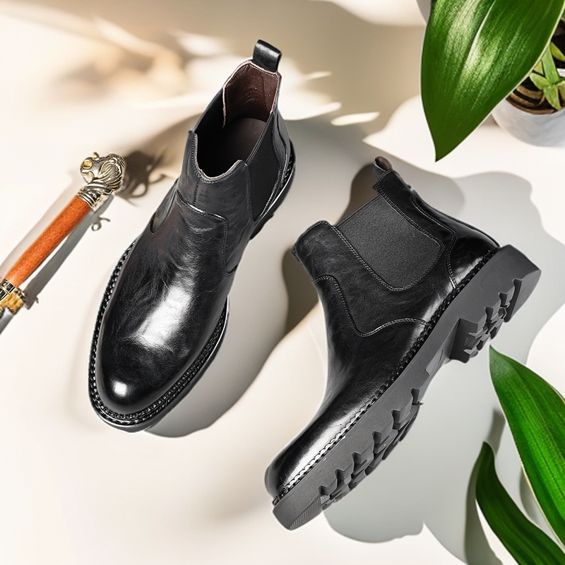 King&N/昆纳新款商务英伦风切尔西短靴头层牛皮手抓皮柔软舒适