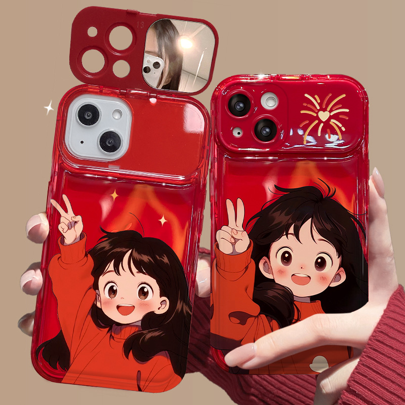 适用苹果15promax手机壳iPhone14/13比耶卡通女孩11/12翻盖镜子xs