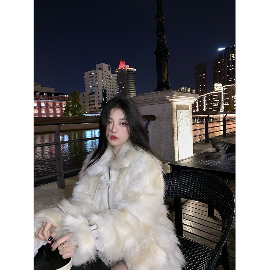 2023新款光影碎冰 白色仿水貂毛外套女秋冬高级感加厚上衣