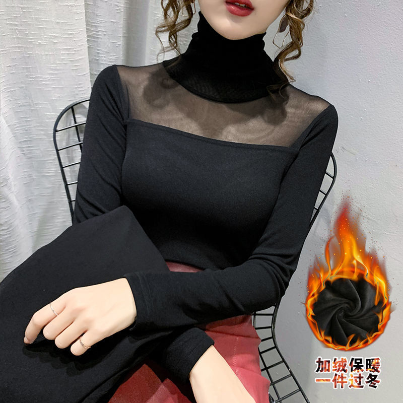 2023秋冬新款高领加绒网纱打底衫女长袖修身保暖内搭高档百搭上衣