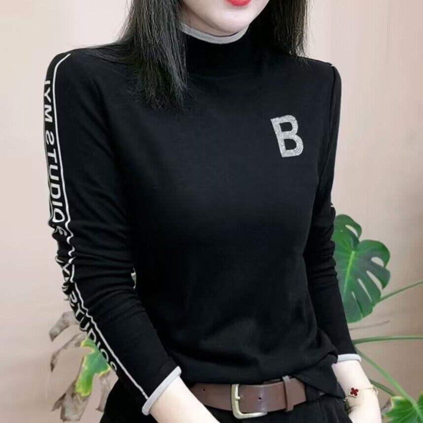 长袖T恤女双面绒设计感烫钻字母冬季新款时尚遮肚子上衣百搭小衫
