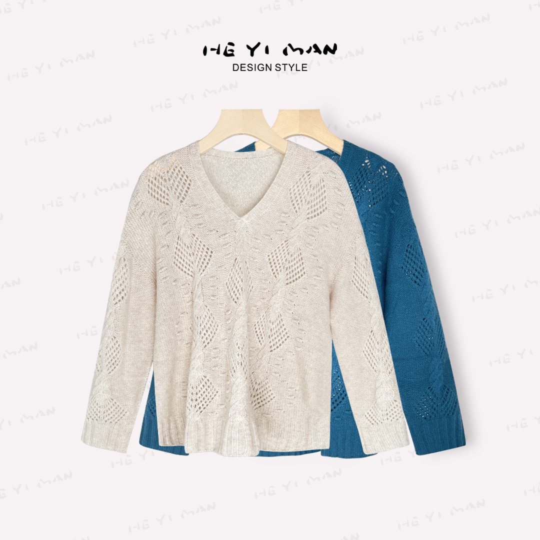 【何以慢】100%山羊绒265g冬季重工提花镂空V领针织上衣A4-A3829
