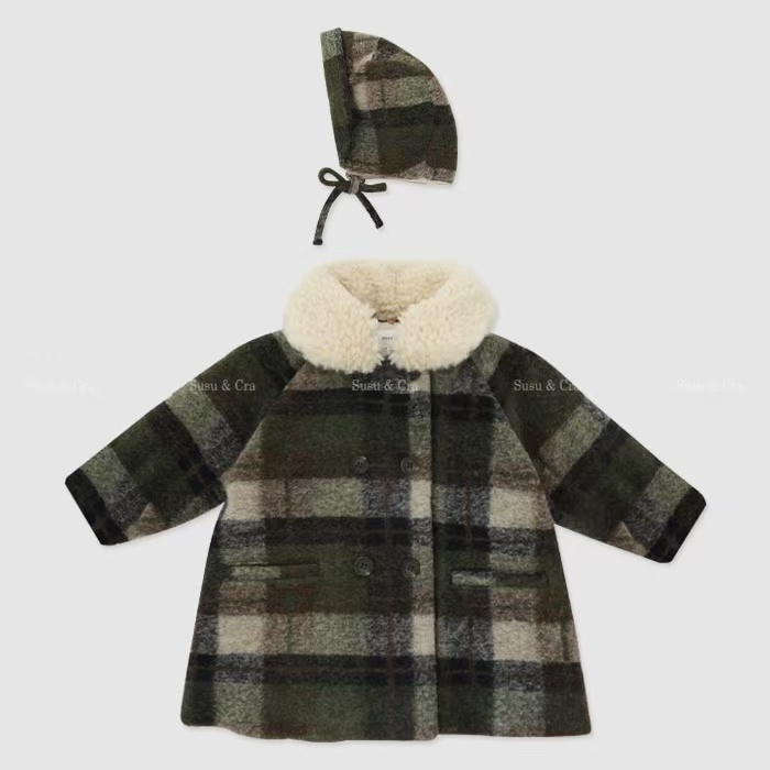 出口韩单  韩国susu冬季新款男女童宝宝时尚毛呢格子大衣夹棉外套