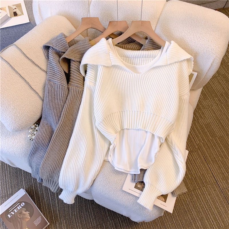 复古小众设计感v领海军领短款毛衣女秋冬外穿加厚套头高腰针织衫