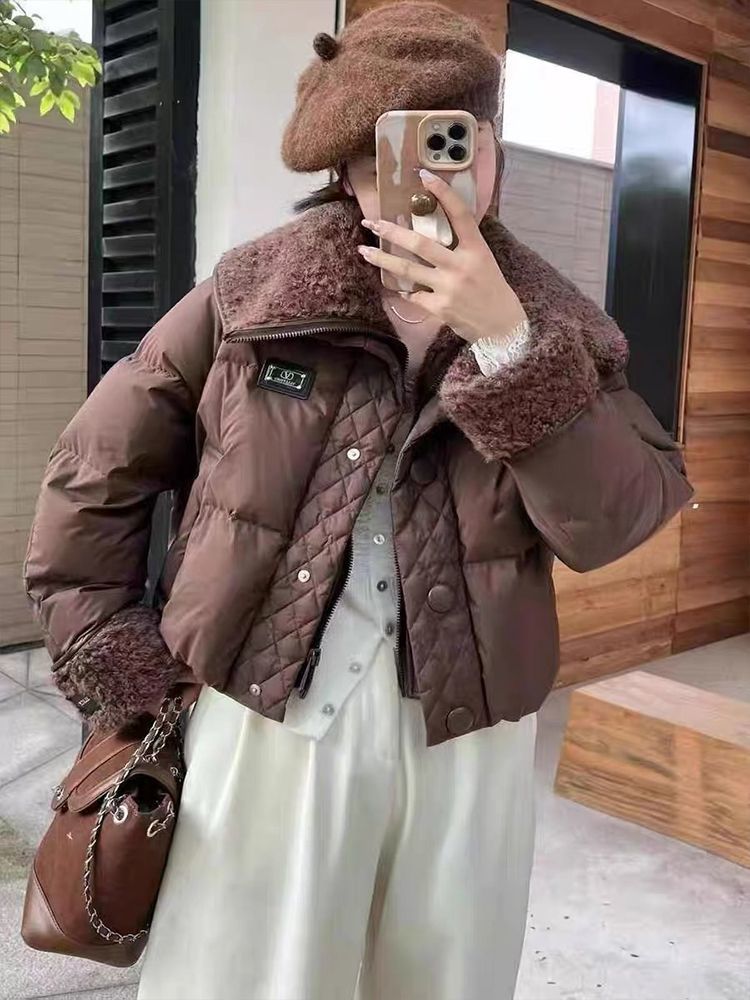 3022羊羔毛翻领拼接洋气女短款冬季新款加厚保暖小个子面包服