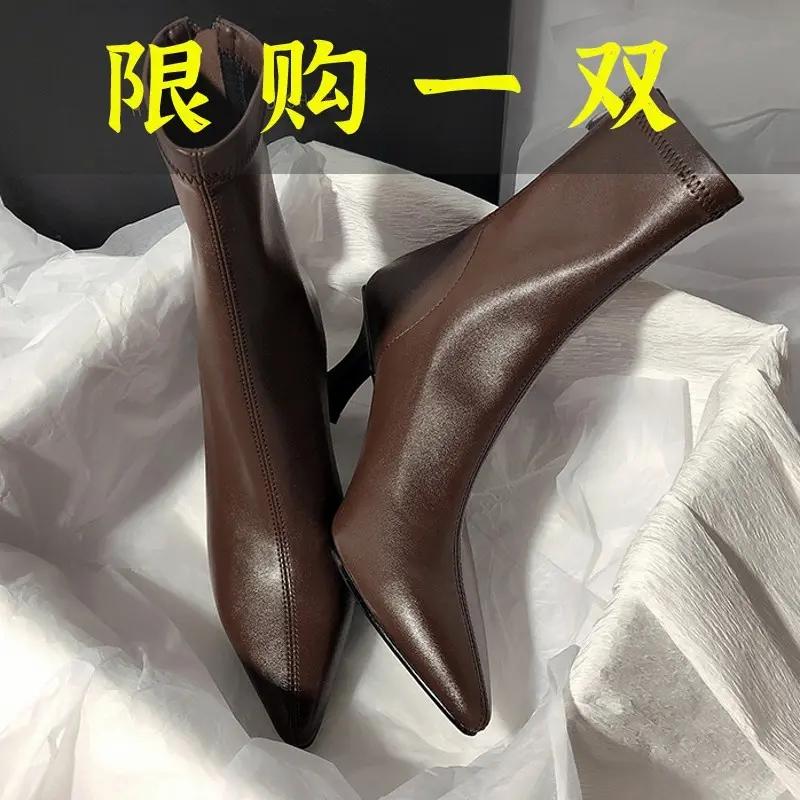 沿荐2023高跟瘦瘦细跟短靴洋气爆款靴子女士尖头网红鞋