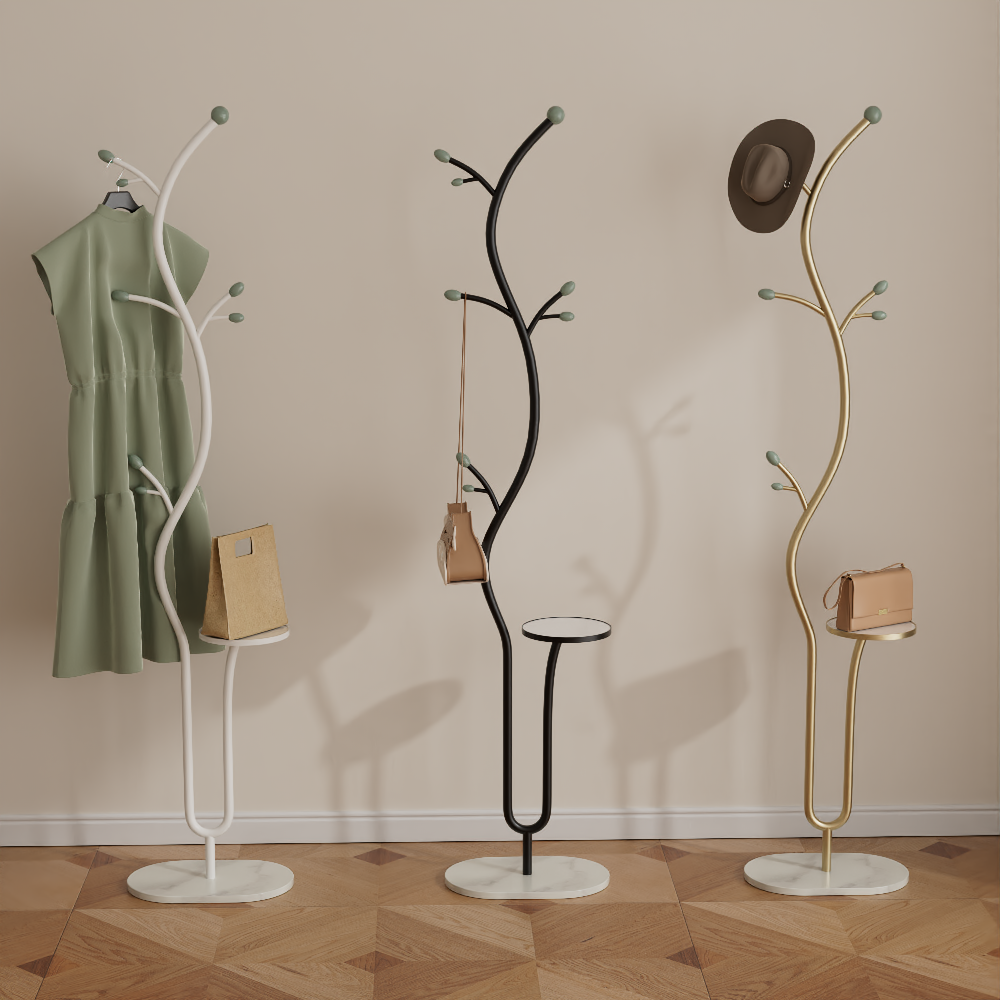 奶油风家用落地式衣帽架带边几卧室多功能一体式床头茶几收纳架子