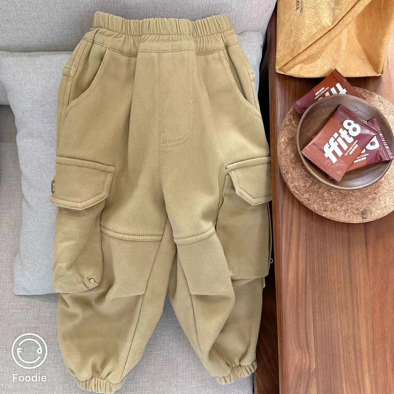 【JMJQ 201065】深秋冬季中小童百搭工装一体绒斜纹梭织保暖长裤