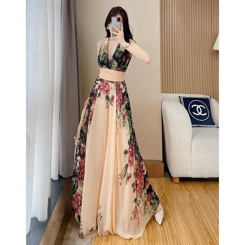面膜孤品护肤碎花连衣长裙