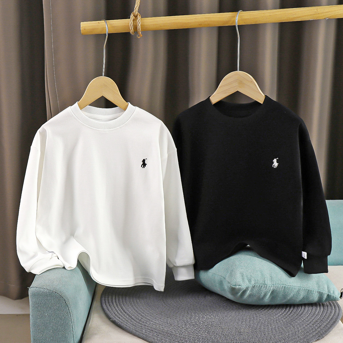 【品质】儿童纯棉长袖中大童春季纯色刺绣百搭休闲圆领打底上衣