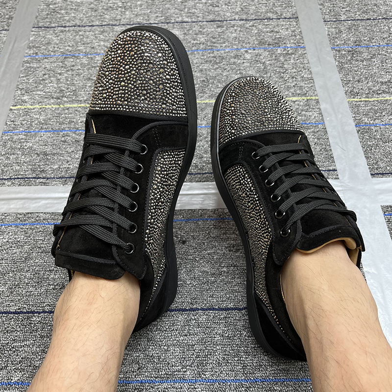 网红爆款黑色牛皮银色满钻红底男鞋潮流时尚轻奢牛皮个性低帮板鞋