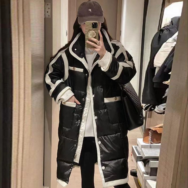 欧洲站亮面中长款羽绒服女2023冬新款欧货宽松撞色拼接白鸭绒外套