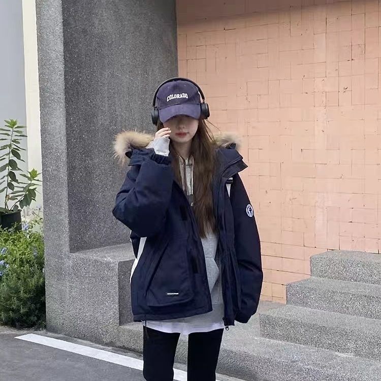 藏蓝色工装羽绒服派克服白鸭绒女冬2023新款小个子连帽毛领外套