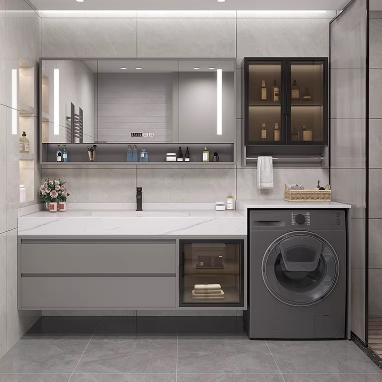 简约岩板一体洗衣机柜厂橡木浴室柜卫生间洗脸盆轻奢松弛感洗漱台