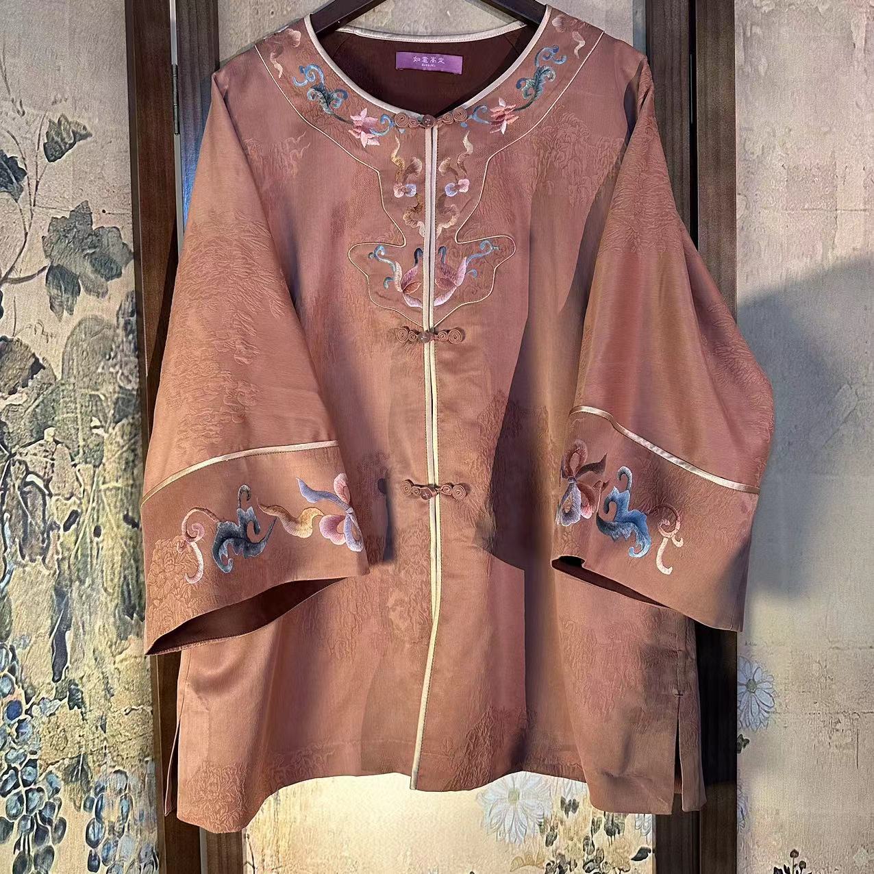 【如意家香云纱】a149网红新中式夏季复古中国风双层提花斜襟长款