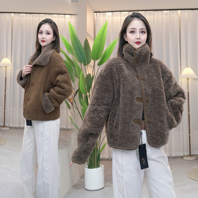 [两面穿]绵羊毛外套短款羊剪绒大衣加绒加厚大码皮毛一体外套女