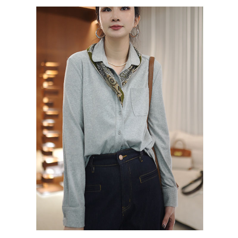 【时髦穿搭】秋冬季新款纯色亲肤单口袋休闲翻领衬衫女上衣Q24892