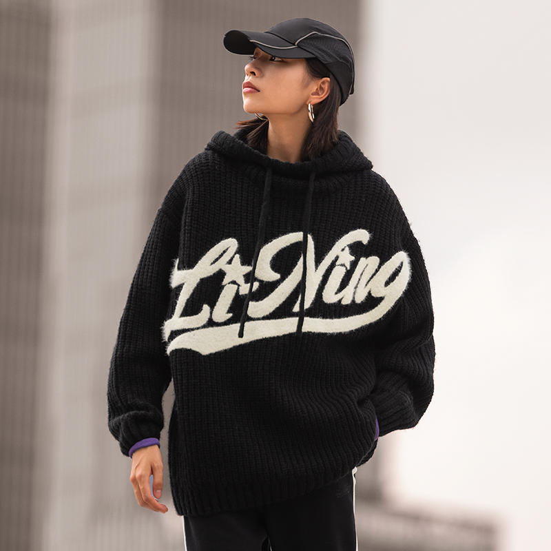 李宁女运动生活系列时尚潮流休闲百搭宽松套头编织衫AMBT240-B品