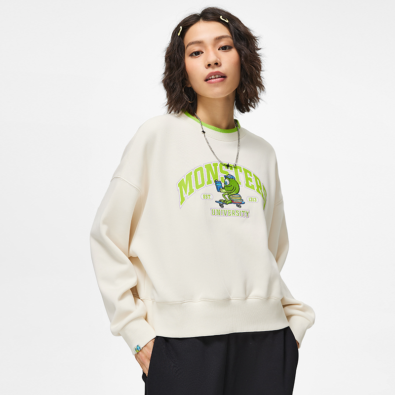 李宁女运动潮流迪士尼联名怪兽大学加绒宽松休闲卫衣AWDT808-B品