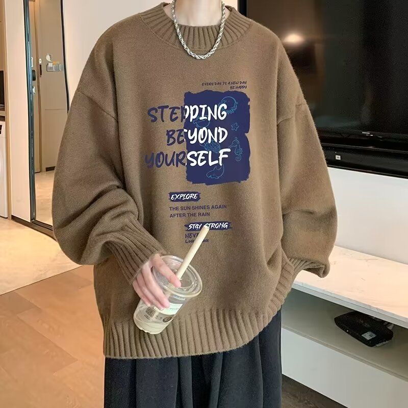 港风圆领毛衣男士外套秋冬季潮牌宽松大码加厚保暖打底针织衫潮男