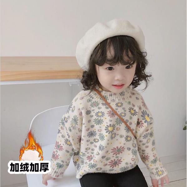 2023秋冬新款韩版女童复古花朵毛衣女宝宝套头圆领洋气针织毛线衣