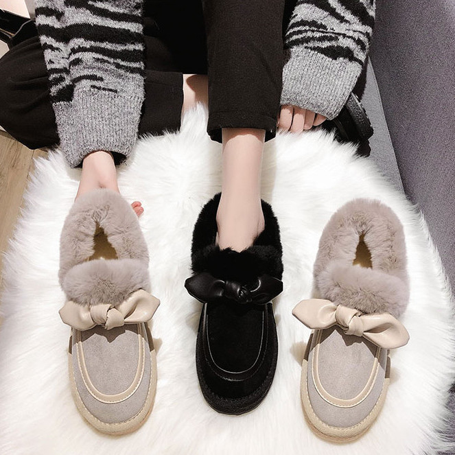 毛毛鞋女冬外穿秋新款蝴蝶结厚底加绒保暖雪地棉鞋孕妇冬季豆豆鞋