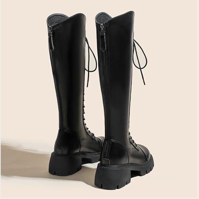 粗跟长靴女2023秋冬新款骑士靴厚底增高系带高筒不过膝靴显瘦时尚