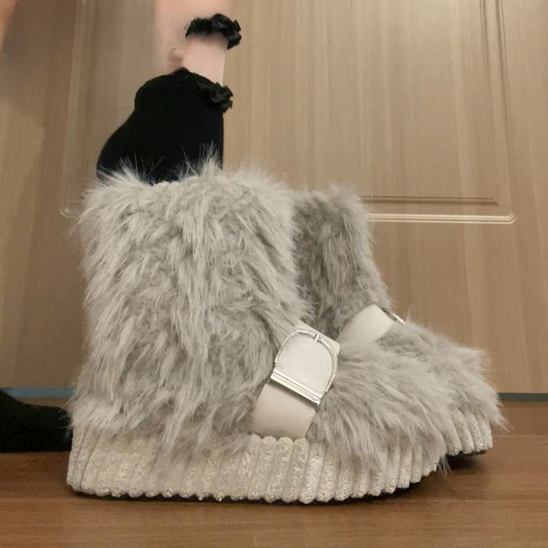 厚底毛毛鞋女年秋冬季新款加绒棉鞋外出防冻雪地靴子时尚可爱保暖
