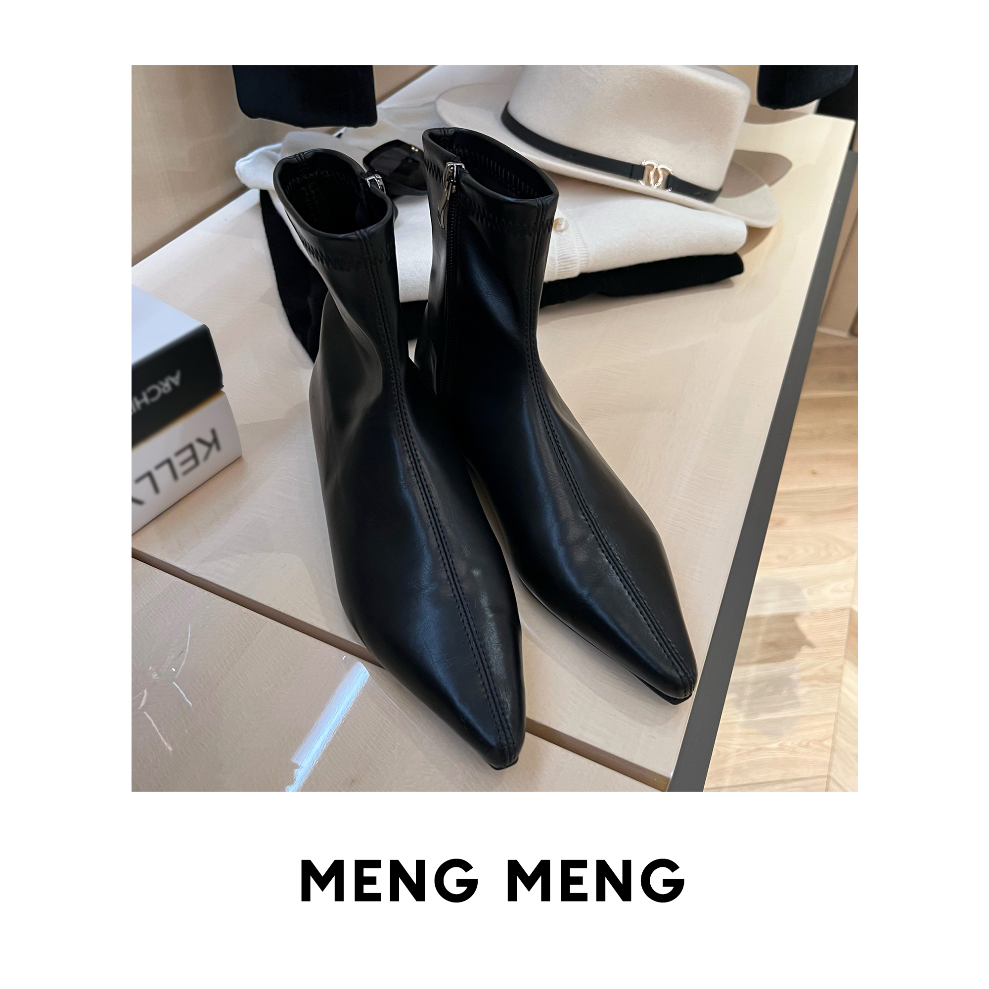 THE MENG【归途】鞣制软革低跟拉链款尖头方跟短靴#L9369