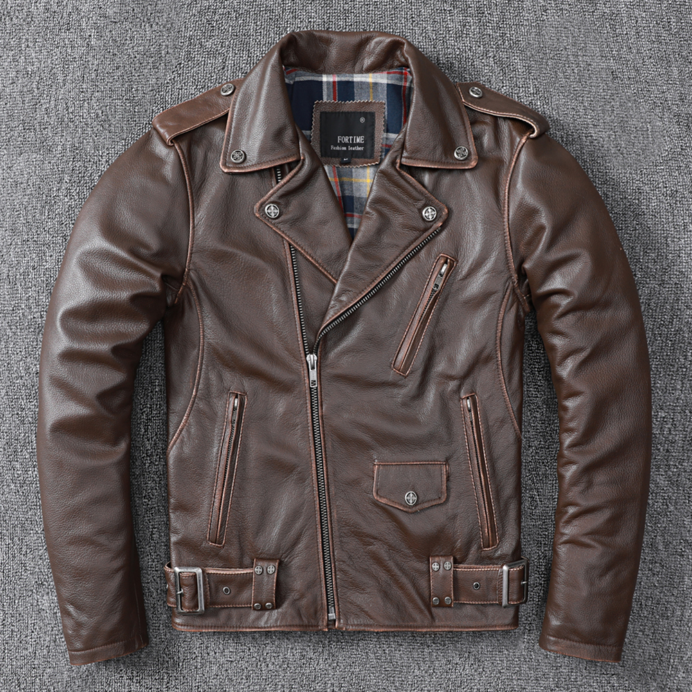 机车服牛皮手工擦色做旧皮衣夹克摩托车服外套2007【磨边】咖啡色