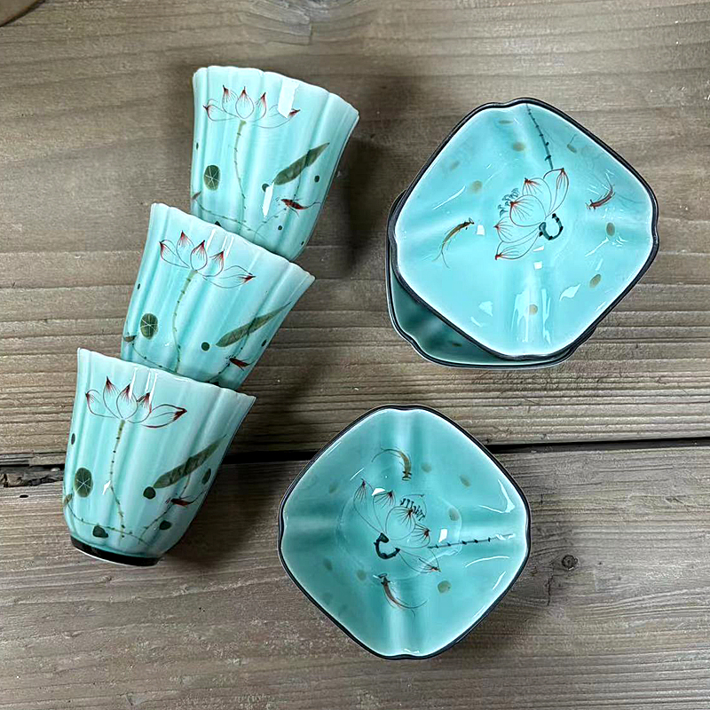 茶具手工手绘荷花主人杯陶瓷功夫茶杯青瓷客杯品茗杯高档单杯家用