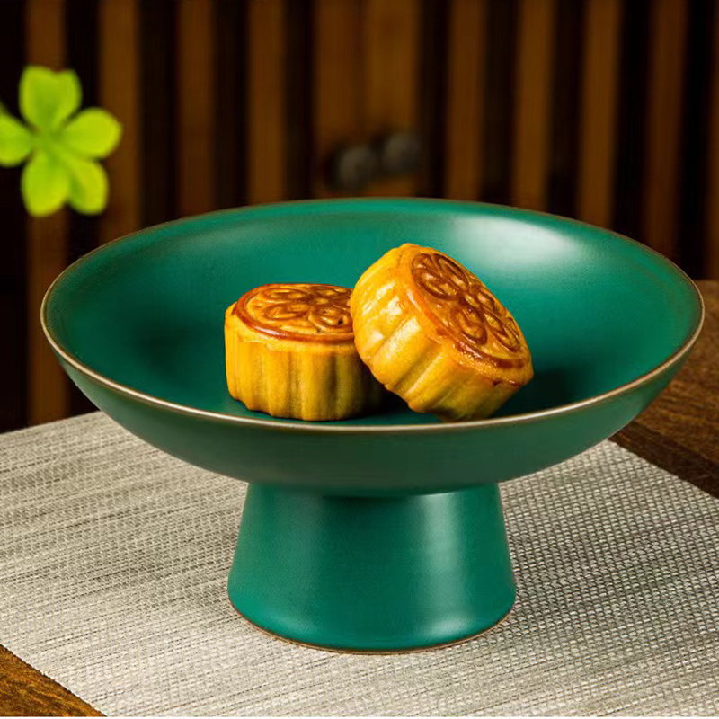 中式高脚茶点盘创意高足水果盘茶道茶食盘点心盘陶瓷干坚果盘家用