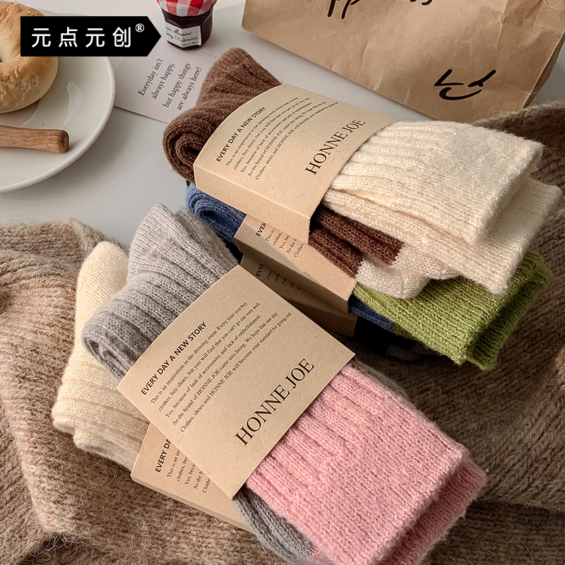 5双双针工艺袜子加厚女生日系百搭甜美兔羊毛袜冬天长袜中筒袜