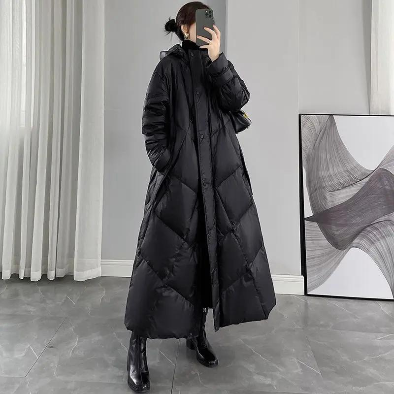 2023新款羽绒服女装冬季宽松超长款黑色连帽过膝白鸭绒加厚外套潮