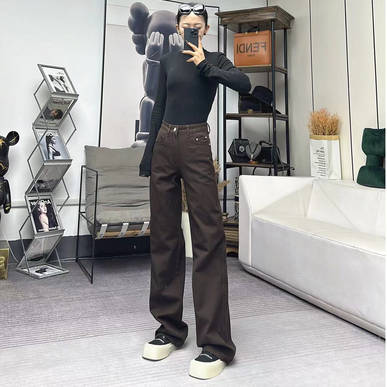 柒柒「曼哈顿咖」栗子咖色系高腰显瘦宽松时尚阔腿拖地牛仔裤KL0253