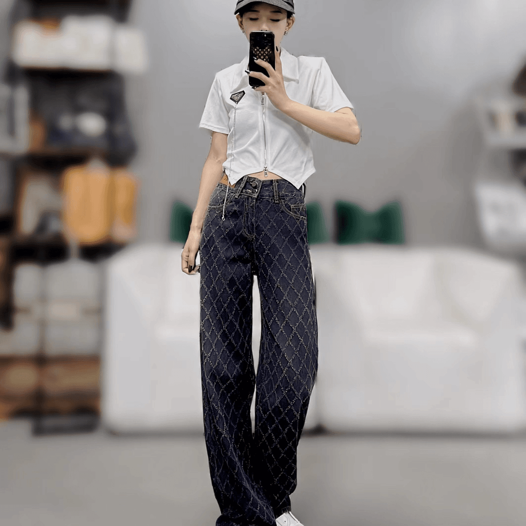 柒柒家「爵士长腿」立体凌格黑灰显瘦高腰阔腿欧美拖地牛仔裤3033-1