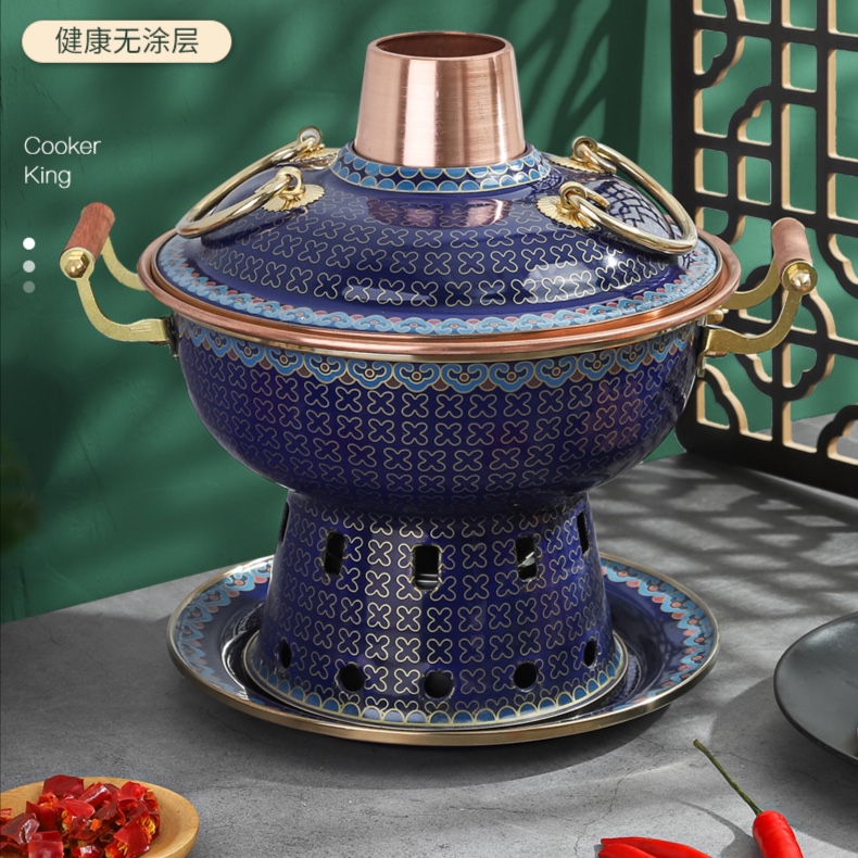 20cm加厚单人珐琅紫铜小火锅中式仿景泰蓝环保油分餐式火锅