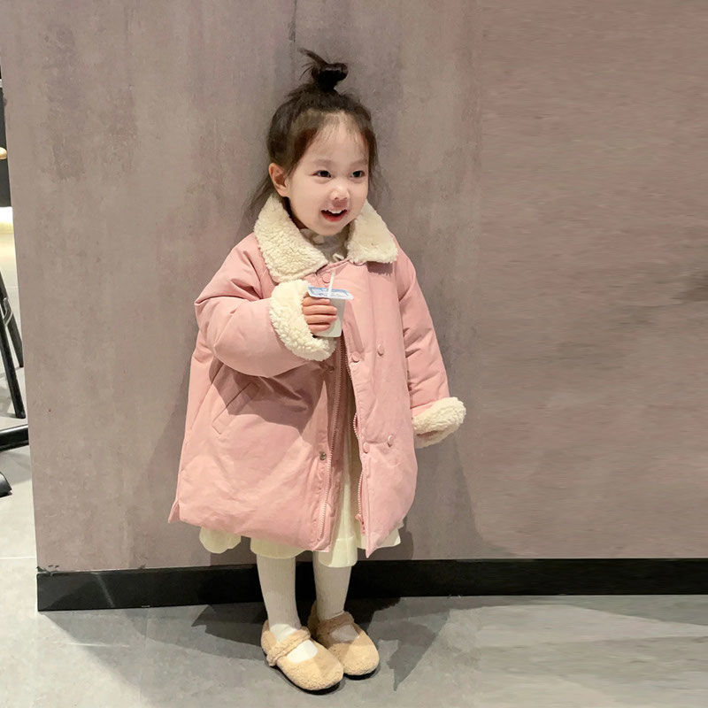 韩国童装女童棉服外套23秋冬季新款小女孩加绒加厚保暖中长款外套