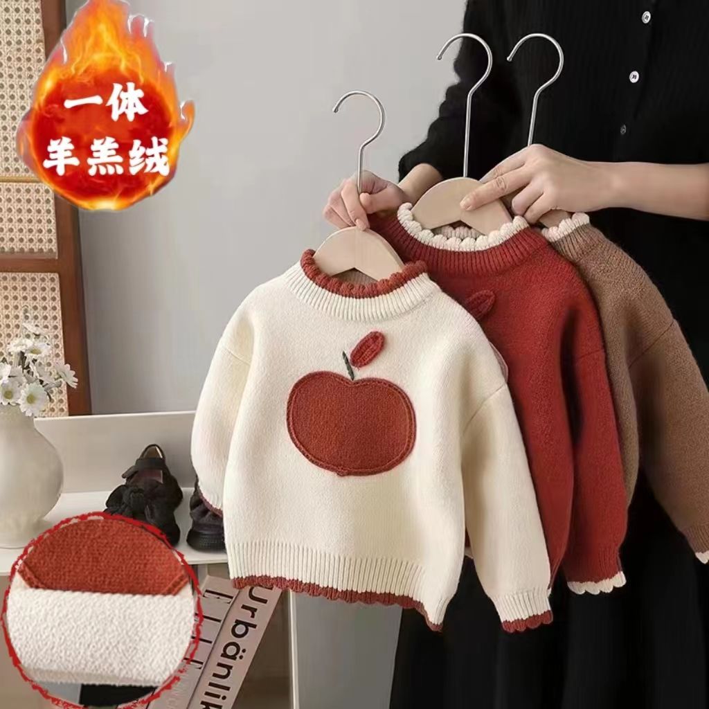 糖果女童毛衣一体绒秋冬新款加厚保暖内搭针织衫套头圆领上衣打底