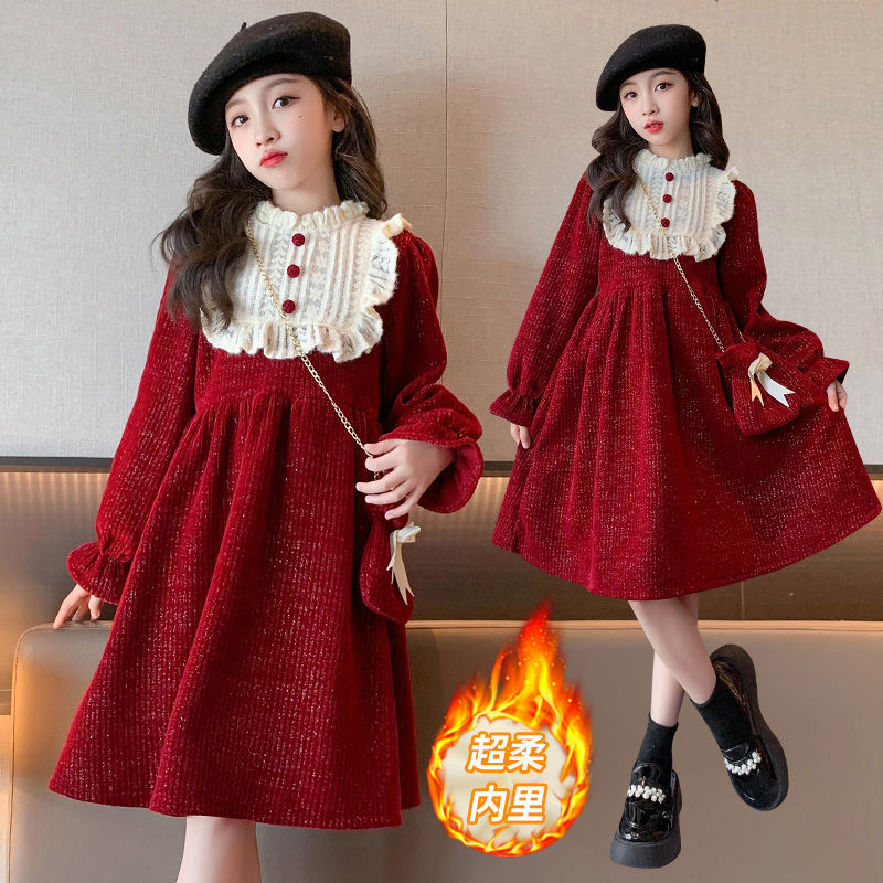 女童秋冬季连衣裙新款洋气儿童加绒雪尼尔公主裙新年礼服裙子