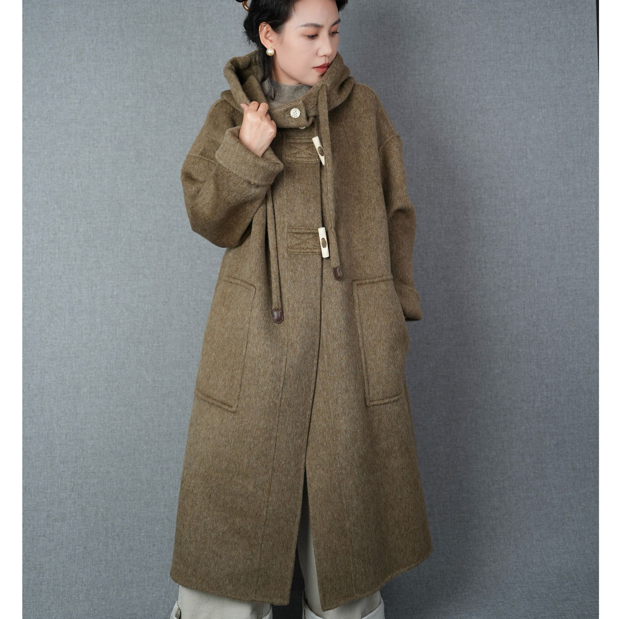 【0700】极简连帽高支细羊毛宽松连帽手缝双面绒羊毛大衣外套！