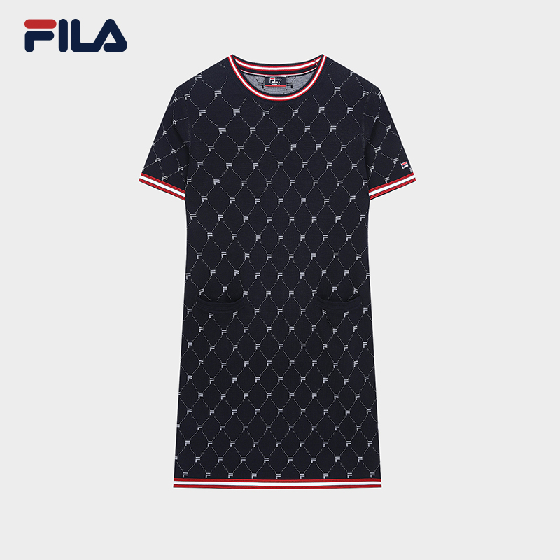 FILA斐乐女夏季商务休闲裙子气质百搭圆领针织连衣裙F11W331311F