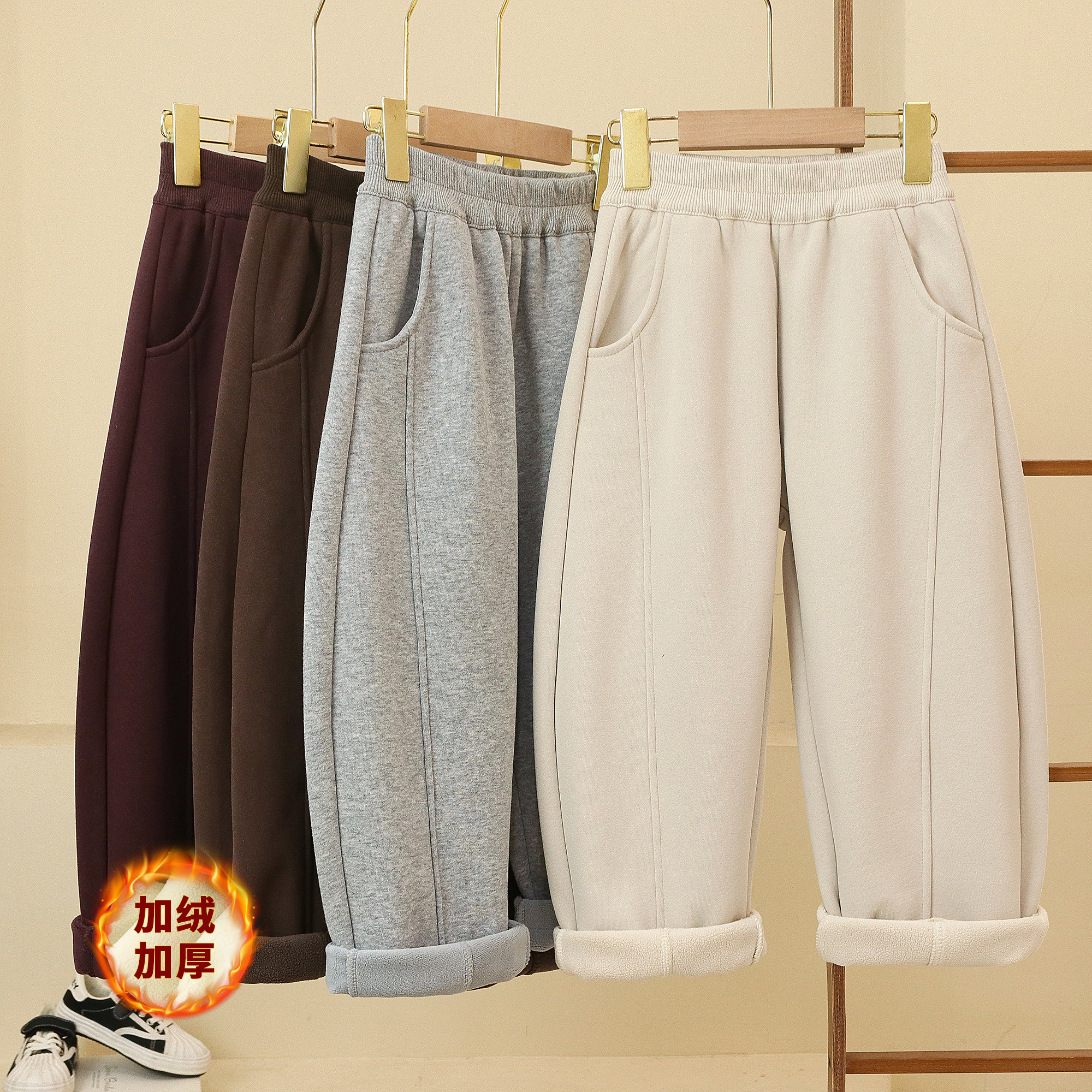 冬款儿童加绒加厚裤子2025新款保暖百搭洋气男女童同款加绒阔腿裤