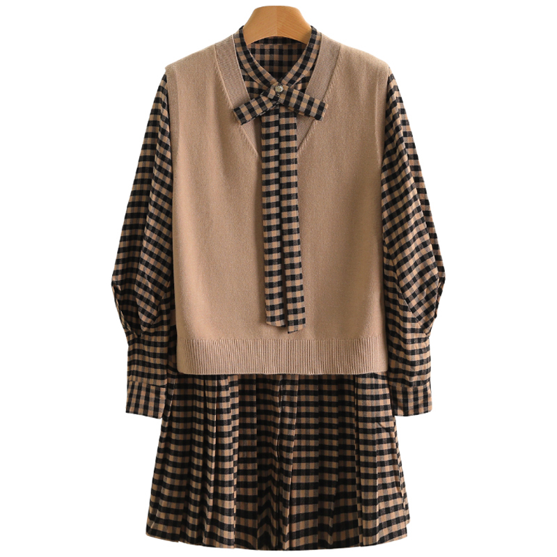 【开播福利】学院风背心格子长袖连衣裙两件套#WYX48T008