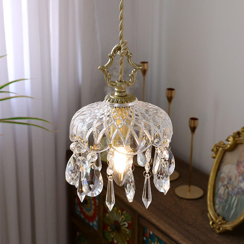 法式复古黄铜单头小吊灯雕刻玻璃美式床头过道入户玄关吧台吊灯