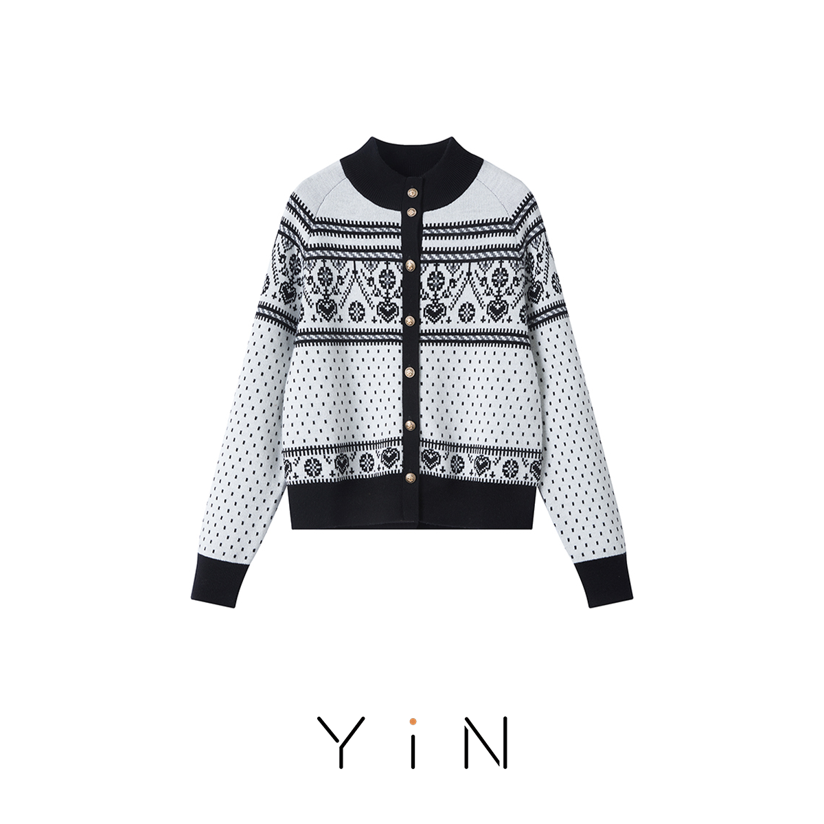 YiN 羊毛桑蚕丝费尔岛秋冬时尚百搭提花开衫9010