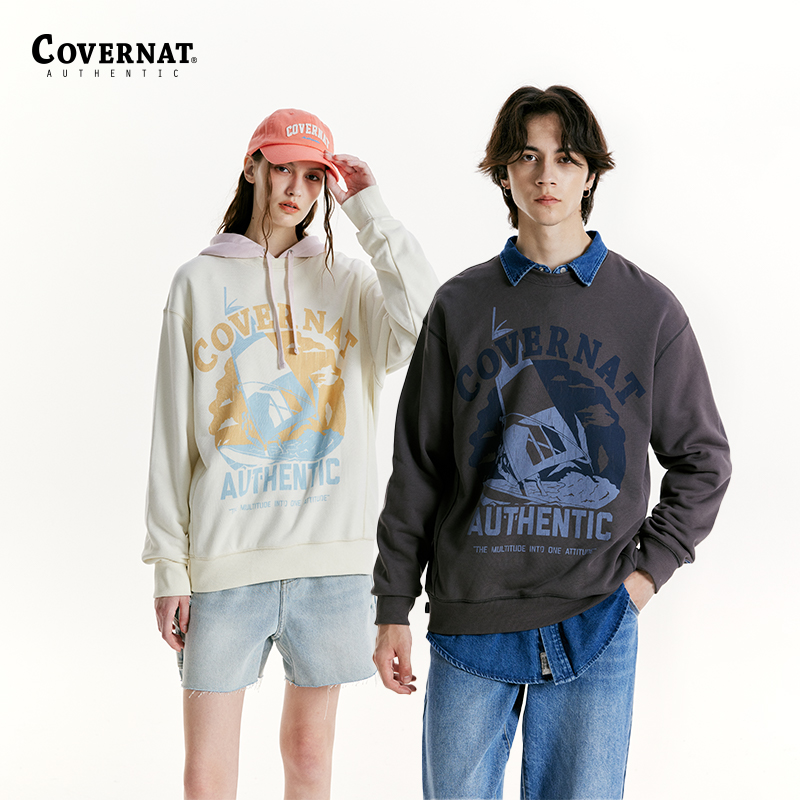 COVERNAT春情侣款圆领时尚套头卫衣卡通印花减龄上衣CO2401CR09