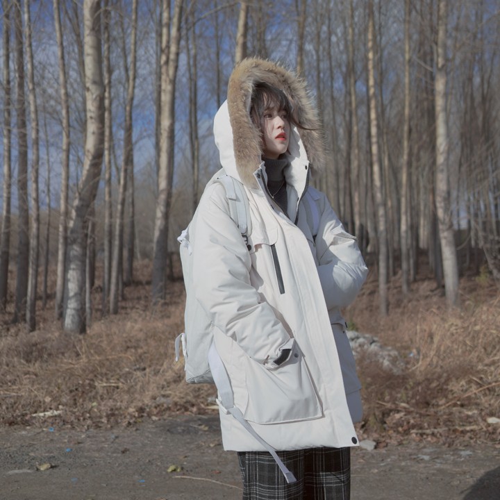 白线流/自制 学院风宽松加厚连帽羽绒服 复古中长款派克外套女