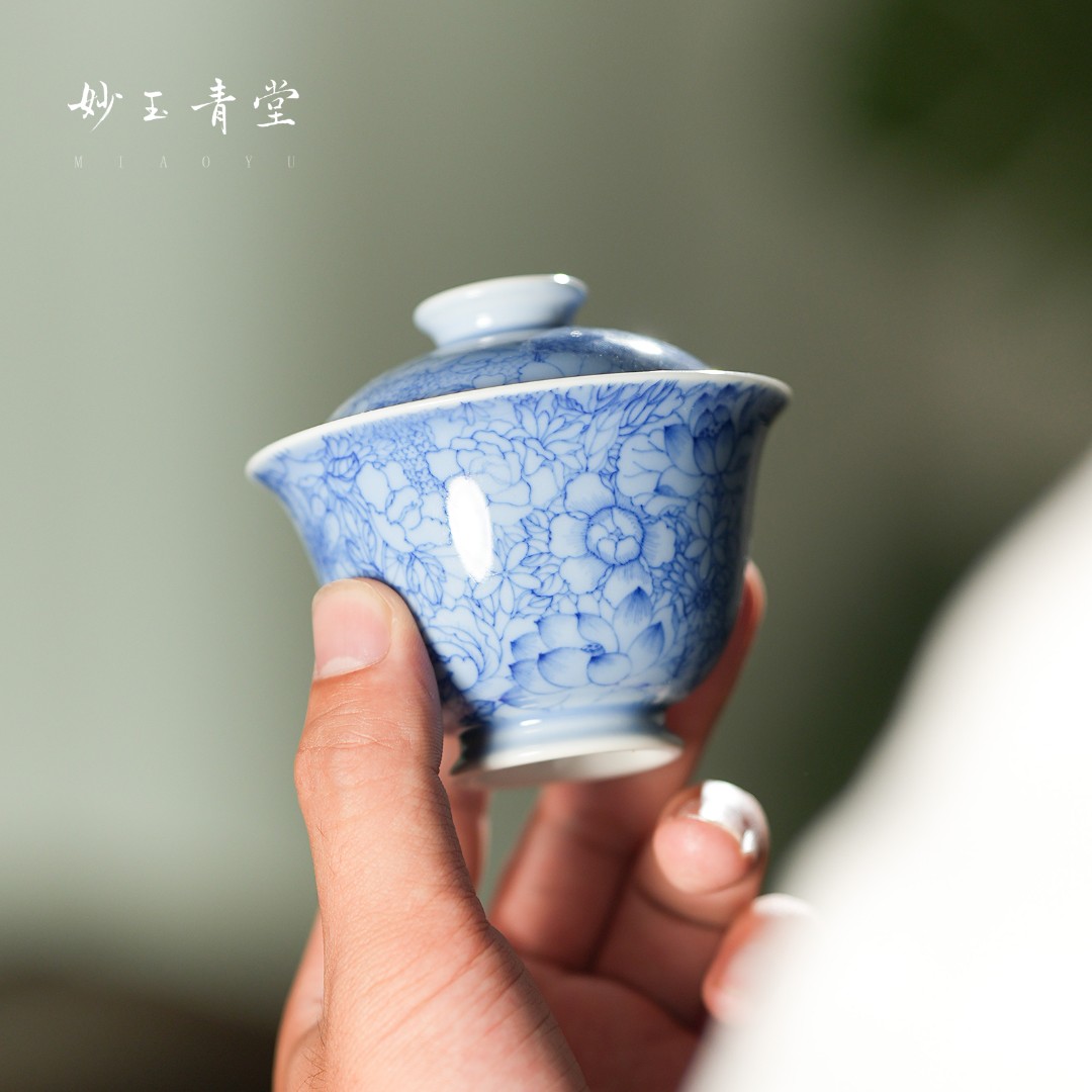 妙玉青堂蓝上蓝万花盖碗青花手绘纯手工茶具套组高端陶瓷主人杯